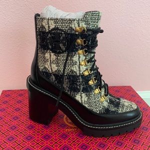 NIB Tory Burch Plaid Miller 90 MM Lug Sole Booties